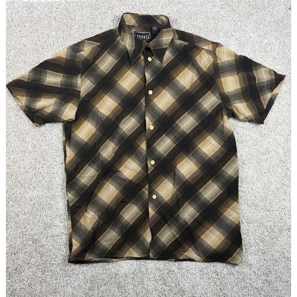 Pronti Collection by Phita Mens Shirt L Brown Black Plaid Short Sleeve Button Up